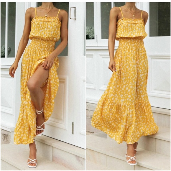 Bellanblue Dresses & Skirts - yellow floral boho smocked ruffle cami maxi dress